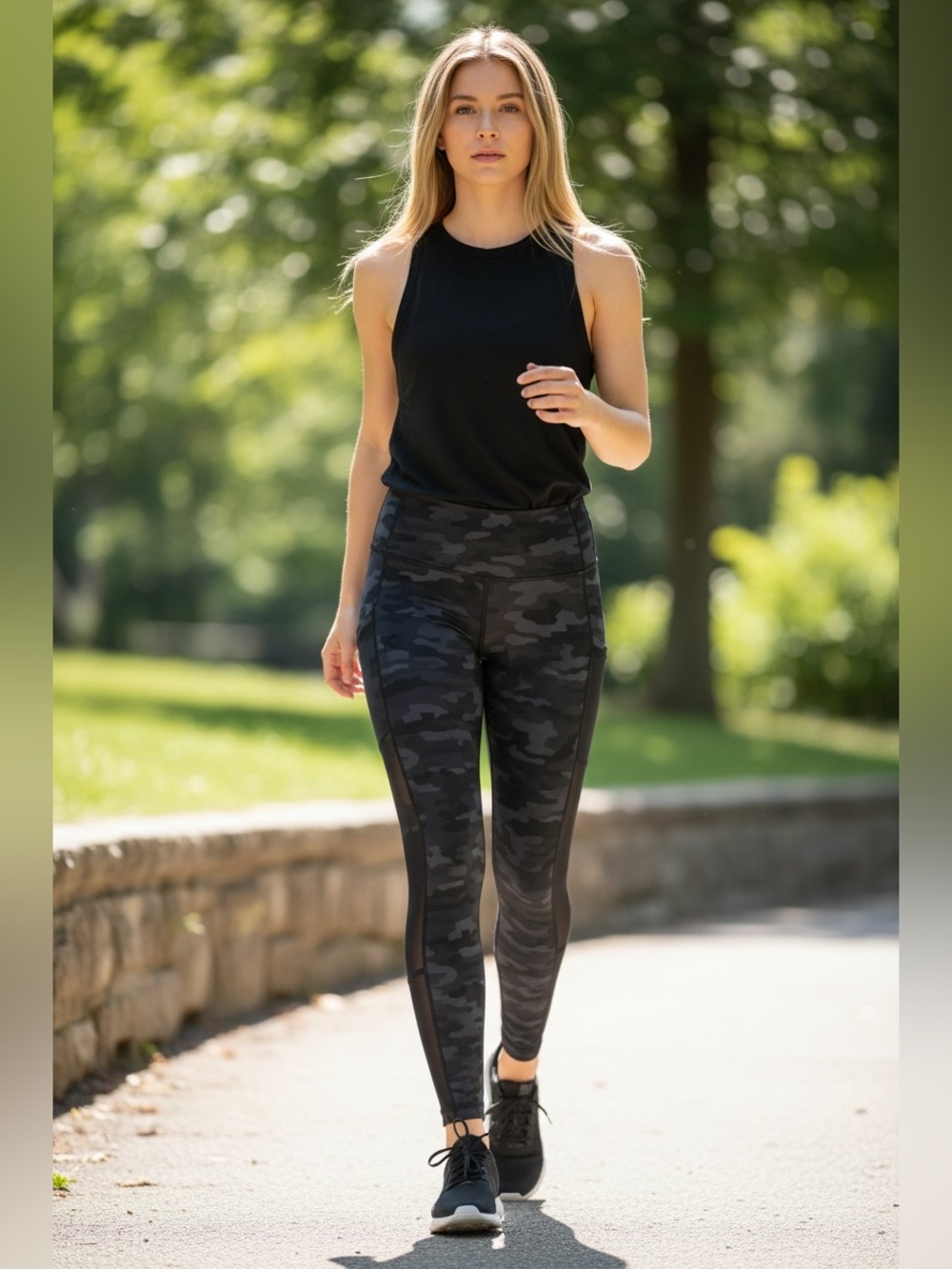 Fabletics High Waisted Camo Leggings XS Black Side Pocket Squat Proof